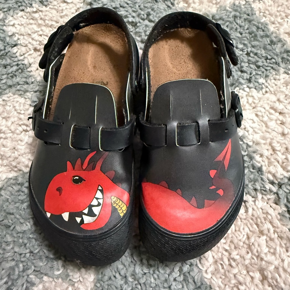 BIRKENSTOCK Kay Kids Birko-Flor Fire Dragon Black Red Shoes Slip On Boys Size 10